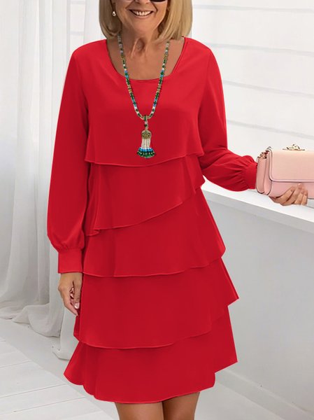 

Women Plain Spring/Fall Dress Crew Neck Long Sleeve A-Line Dress, Red, Dresses