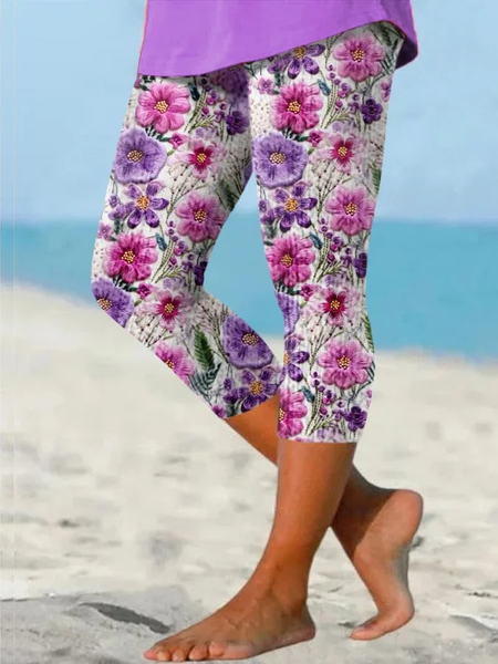 

Women Floral Capris Elastic Waist Pants Casual Summer Trousers, Purple, Leggings