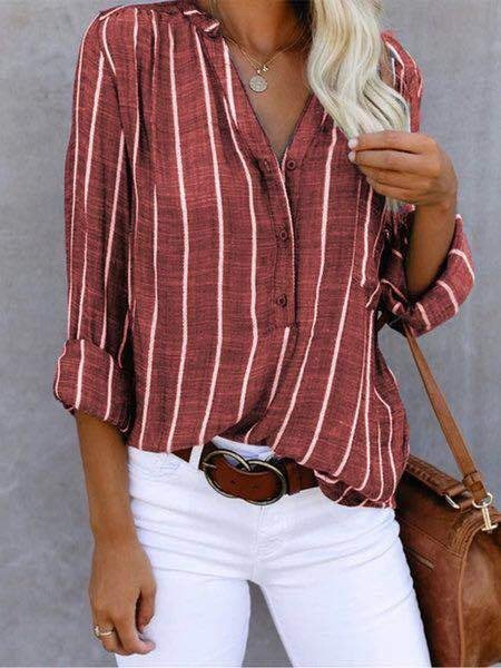 

V Neck Long Sleeve Striped Printing Regular Micro-Elasticity Loose Tunic Shirt For Women, Wine red, Shirts