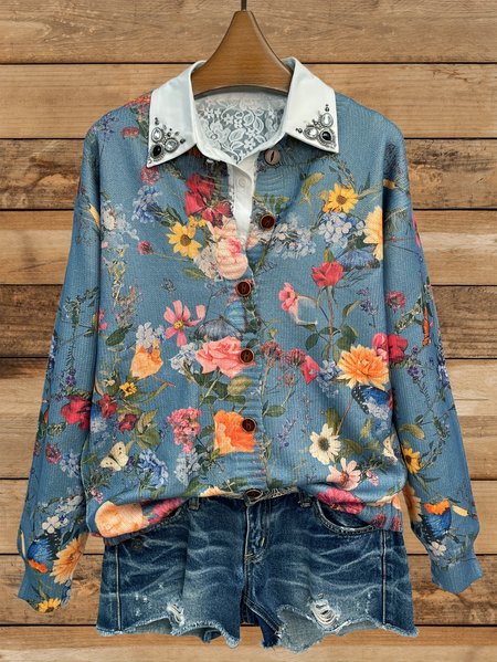 

Women Knitted Floral Long Sleeve Comfy Vintage Cardigan, As picture, Cardigans