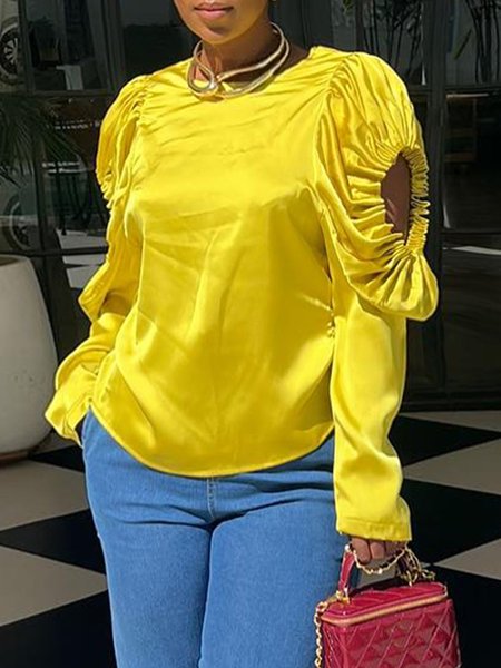 

Satin Urban Plain Gathered Crew Neck Puff Sleeve Blouse, Yellow, Blouses and Shirts