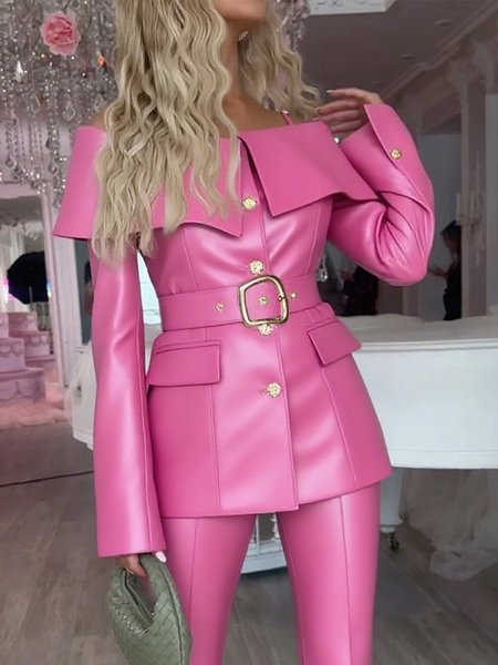 

Urban Plain Cold Shoulder Faux Leather Coat With Belt, Pink, Jackets