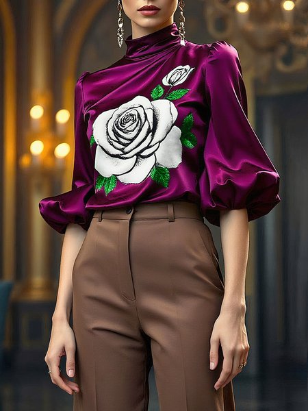 

Elegant Floral Printing Stand Collar Balloon Sleeve Blouse, As picture, Blouses and Shirts