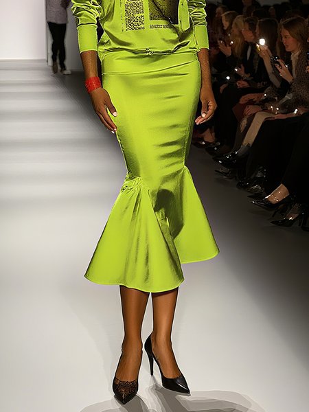 

Satin Elegant Plain Midi Skirt, Green, Skirts