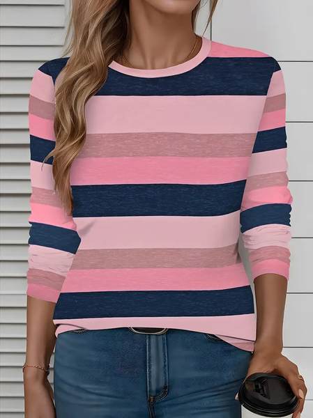 

Women Striped Long Sleeve Tee T-shirt Crew Neck Printing Casual Spring/Fall Graphic Tee Top, Pink, T-Shirts