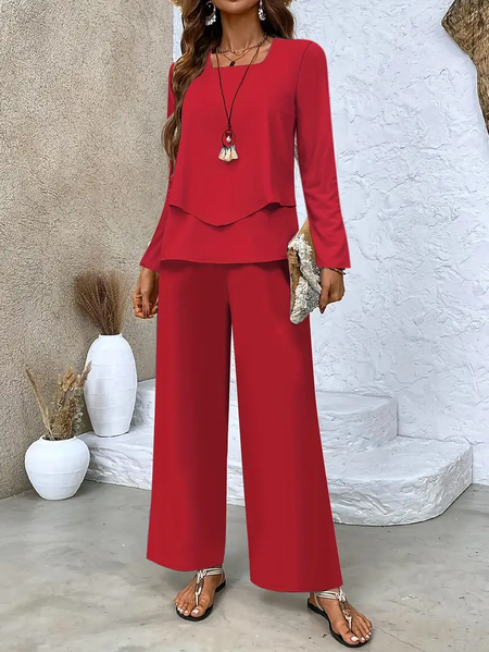 

Women Plain Printing Two-Piece Set Daily Long Sleeve Casual Spring/Fall Top With Pants Matching Set, Red, Suit Set