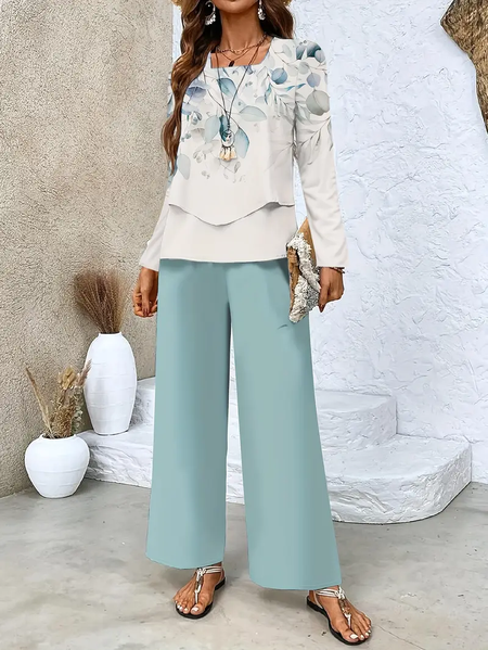 

Women Floral Printing Two-Piece Set Daily Long Sleeve Casual Spring/Fall Top With Pants Matching Set, Green, Sets