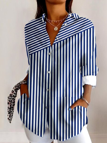 

V Neck Long Sleeve Geometric Regular Micro-Elasticity Regular Fit Shirt For Women, Blue, Shirts