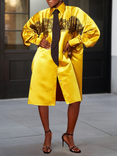 

Urban Color Block Shirt Collar Knee Length Dress, Yellow, Midi Dresses