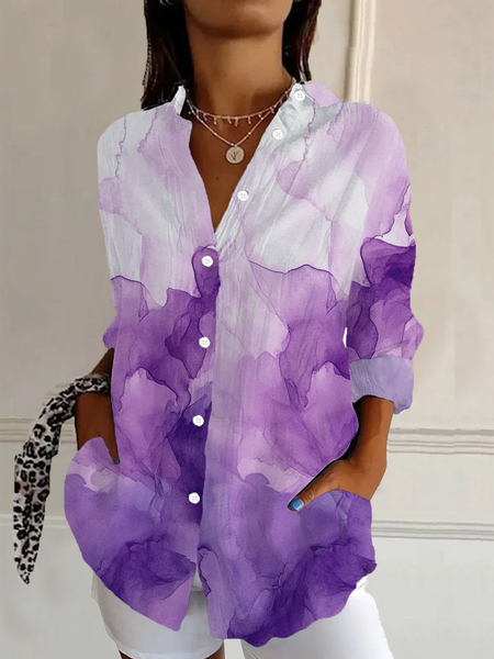 

Shirt Collar Regular Sleeve Long Sleeve Abstract Buckle Regular Loose Button Up Shirt Shirt For Women, Purple, Shirts