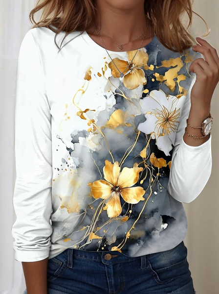 

Casual Floral Crew Neck Long Sleeve T-shirt, White, T-shirts