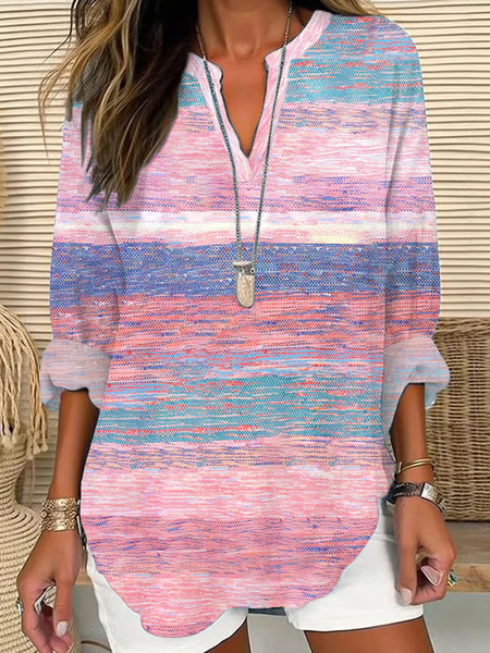 

V Neck Long Sleeve Abstract Printing Regular Loose Blouse For Women, Pink, Blouses