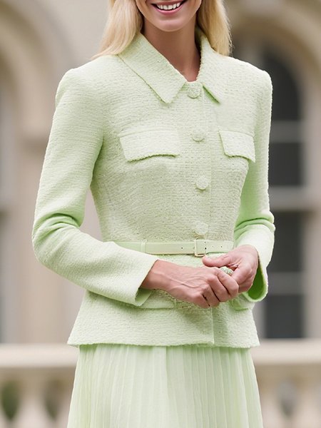 

Elegant Plain Tweed Jacket With Belt, Green, Jackets