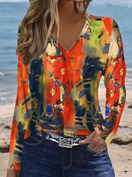 

Women Abstract Long Sleeve Tee T-shirt V Neck Printing Casual Spring/Fall Graphic Tee Top, Orange, T-Shirts