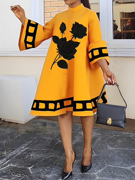 

Elegant Color Block Stand Collar Knee Length Dress, Yellow, Midi Dresses