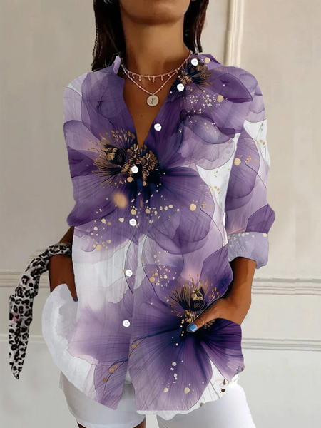 

Shirt Collar Regular Sleeve Long Sleeve Floral Buckle Regular Loose Button Up Shirt Shirt For Women, Purple, Shirts
