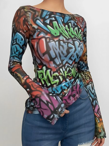 

Casual Graffiti Printing Crew Neck T-shirt, As picture, Tees