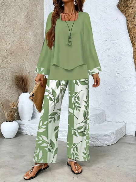 

Women Floral Printing Two-Piece Set Daily Long Sleeve Casual Spring/Fall Top With Pants Matching Set, Green, Sets
