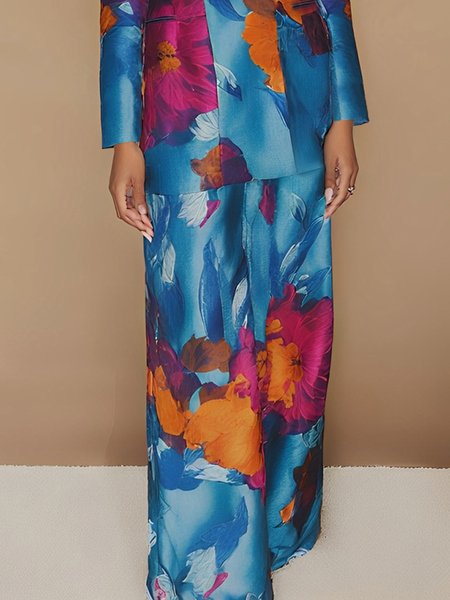 

Urban Floral Printing Straight Pants, Blue, Pants