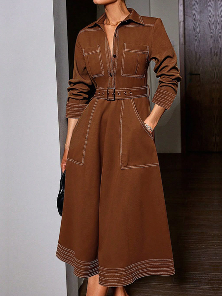 

Urban Plain Shirt Collar Midi Dress With Belt, Brown, Midi Dresses