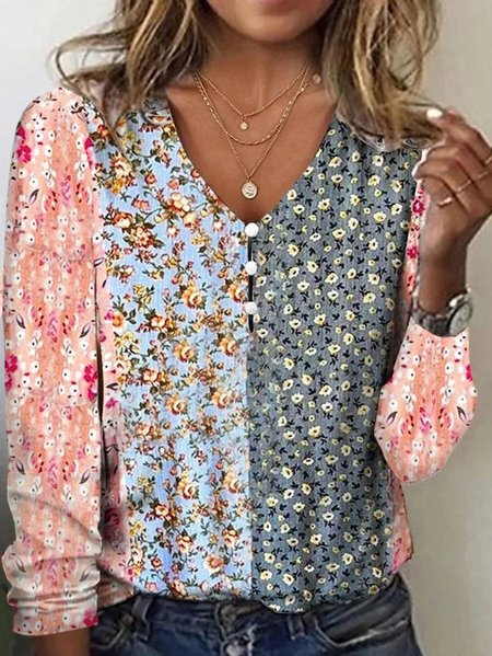 

Women Geometric Long Sleeve Tee T-shirt V Neck Printing Vintage Spring/Fall Top, Pink, T-Shirts