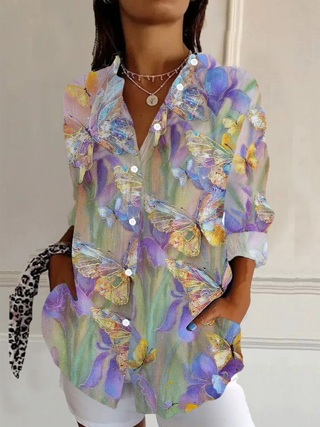

Women Butterfly Long Sleeve Shirt Spring/Fall Buckle Shirt Collar Regular Sleeve Daily Casual Top, As picture, Shirts