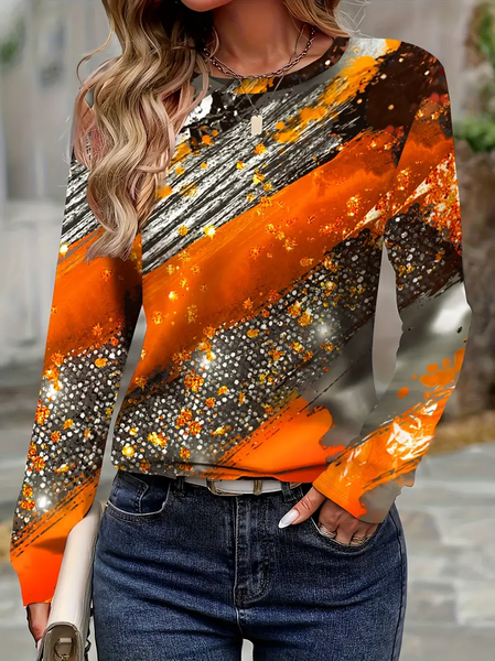 

Women Abstract Long Sleeve Tee T-shirt Crew Neck Printing Casual Spring/Fall Graphic Tee Top, Orange, T-Shirts