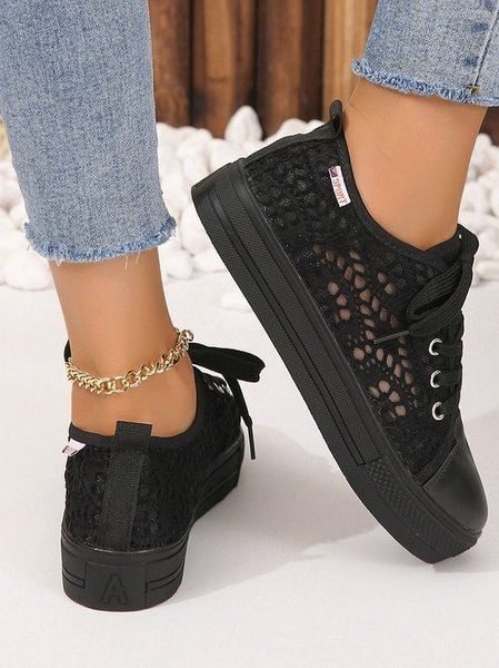 

New Hollow Mesh Breathable Platform Thick-soled Casual Shoes, Black, Flats