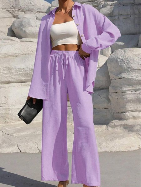 

Women Plain Split Joint Two-Piece Set Daily Long Sleeve Casual Spring/Fall Top With Pants Matching Set, Purple, Sets