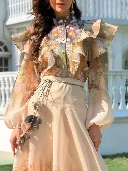 

Elegant Floral Printing Stand Collar Balloon Sleeve Shirt, As picture, Blouses and Shirts