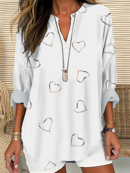 

Women Heart/Cordate Long Sleeve Blouse Spring/Fall Printing V Neck Daily Casual Top, White, Shirts