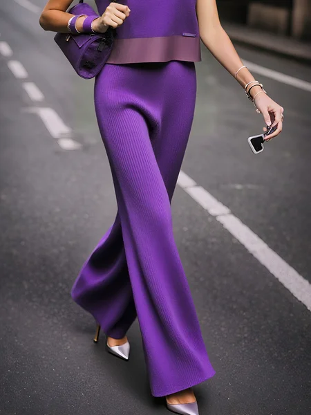 

Casual Plain Wide Leg Sweater Pants, Purple, Pants