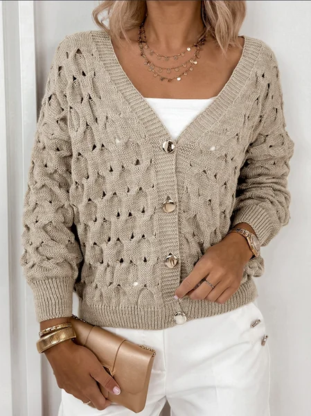 

V Neck Casual Cotton Plain Sweater, Khaki, Sweaters & Cardigans