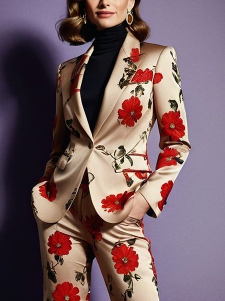 

Elegant Printing Floral Lapel Collar Blazer, As picture, Blazers