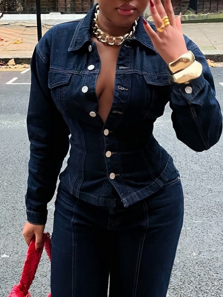 

Urban Buttoned Plain Shawl Collar Denim Coat, Blue, Jackets