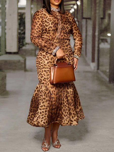 

Urban Leopard Rhinestone Printing Mock Neck Maxi Dress, Brown, Maxi Dresses