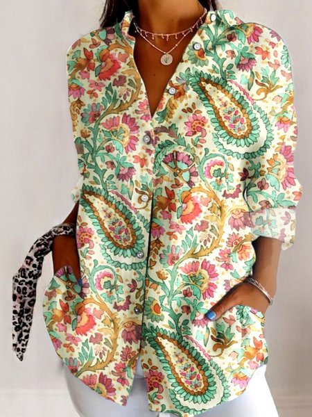 

V Neck Long Sleeve Floral Regular Micro-Elasticity Regular Fit Shirt For Women, Apricot, Shirts