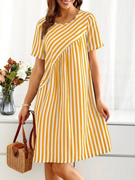 

Women Striped Summer Dress Crew Neck Short Sleeve A-Line Dress, Yellow, Dresses