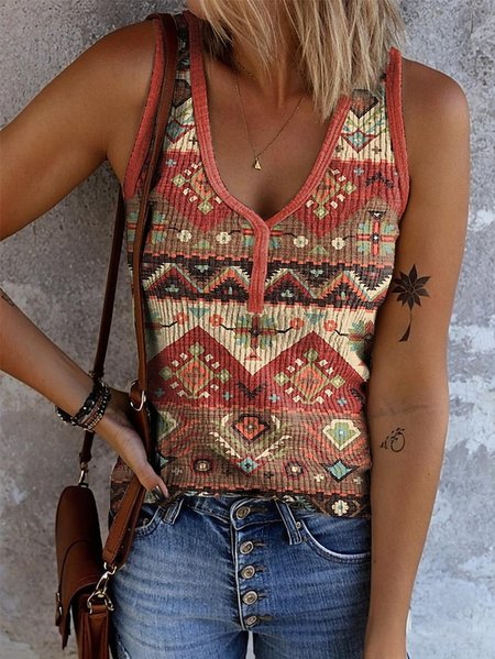 

Casual V Neck Geometric Tank Top, As picture, Tanks & Camis