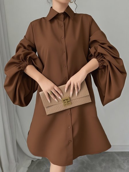 

Casual Plain Balloon Sleeve Knee Length Dress, Brown, Midi Dresses