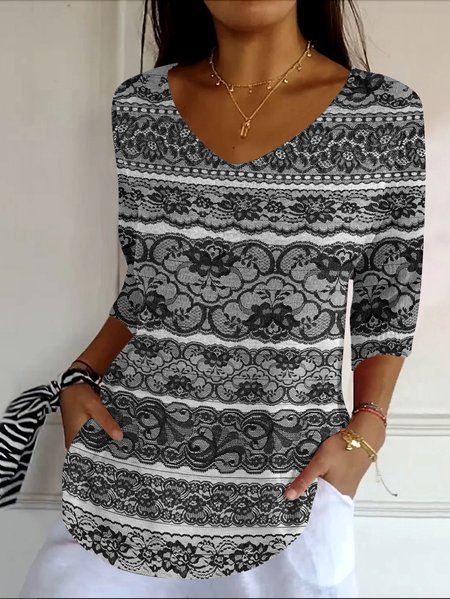 

Vintage Floral Crew Neck Long Sleeve T-shirt, Black, T-shirts