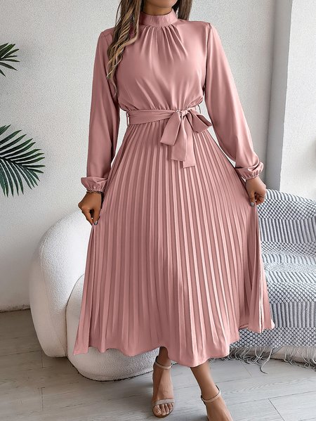 

Women Plain Short Sleeve Summer Split Joint Dress Stand Collar Daily Vintage Maxi Tank A-Line Dress, Pink, Dresses