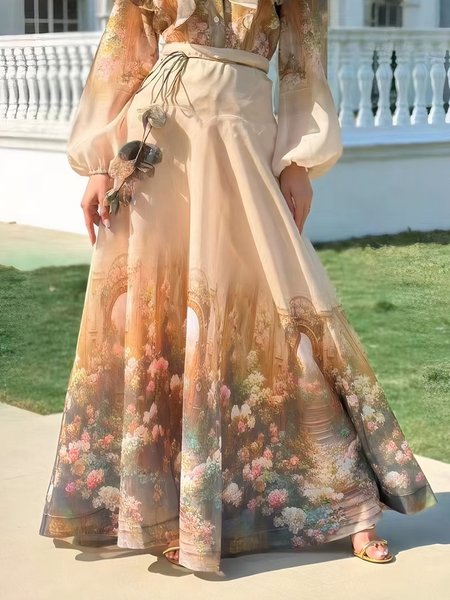 

Elegant Floral Printing Maxi Skirt With Belt, As picture, Skirts