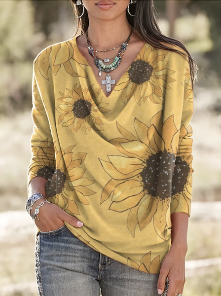 

Casual Floral V Neck Long Sleeve T-shirt, Yellow, T-shirts