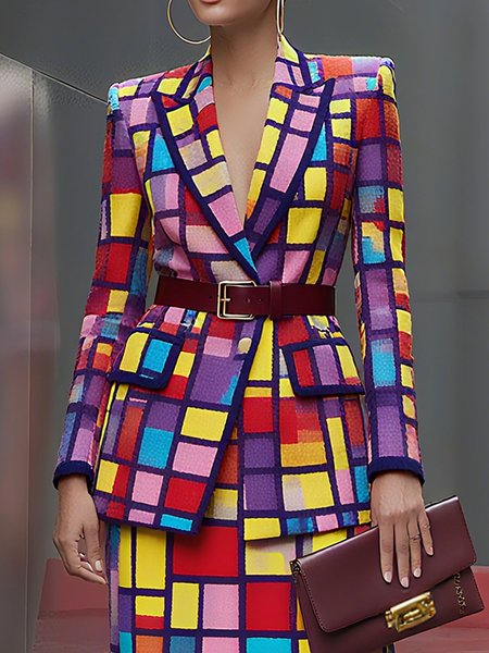 

Urban Printing Plaid Lapel Collar Blazer No Belt, As picture, Blazers