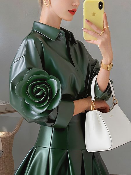 

PU Elegant Plain 3D Floral Shirt Collar Shirt, Green, Blouses and Shirts