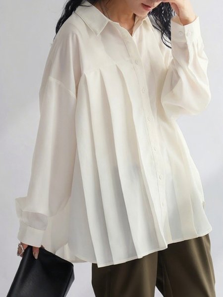 

Cotton Urban Plain Pleated Shirt Collar Shirt, White, Blouses and Shirts