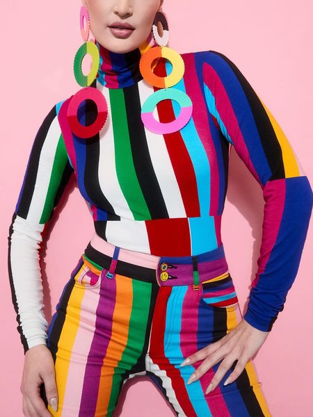 

Elegant Colorblock Printing Turtleneck T-shirt, As picture, Tees