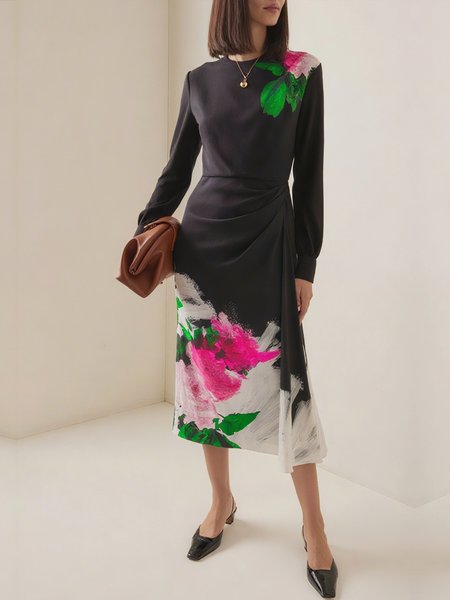 

Elegant Floral Printing Crew Neck Midi Dress, Black, Midi Dresses