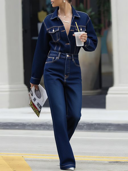 

Plain Pockets Casual Denim Jumpsuit, Blue, Jumpsuits